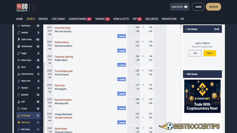 Ice hockey betting site: M88