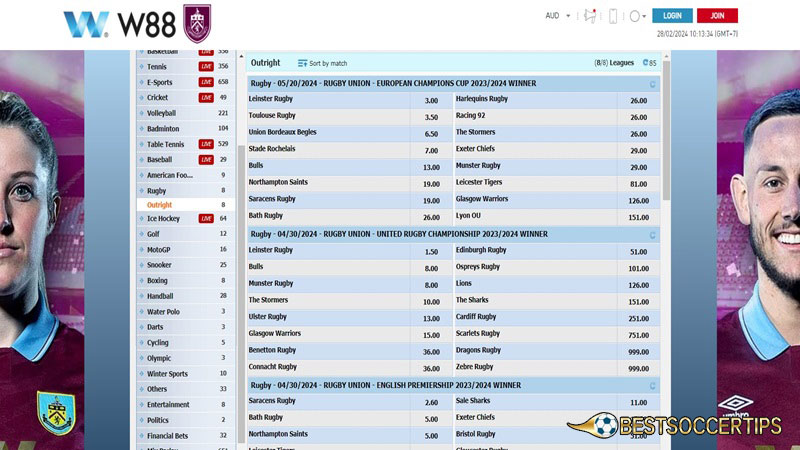 Best online rugby betting site: W88