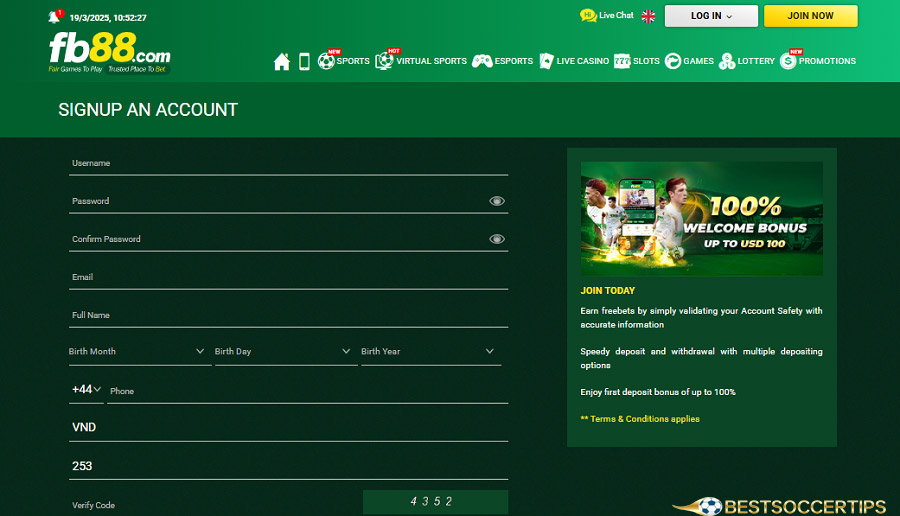Fill in all the information to register for an FB88 account