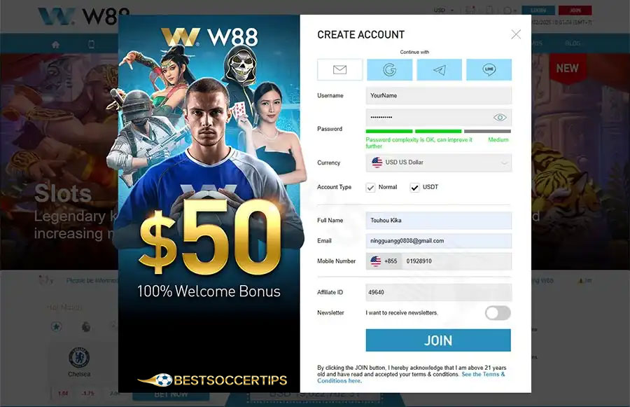 Fill in W88 account registration information