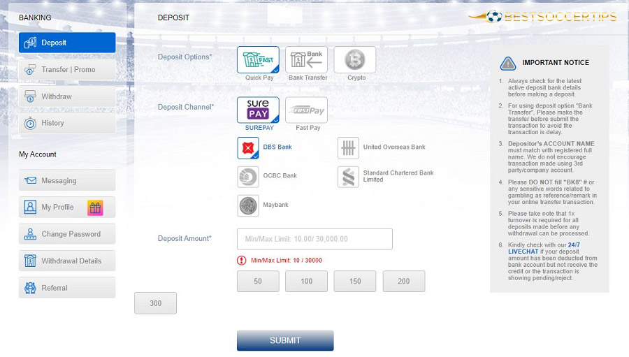 Select BK8 deposit method
