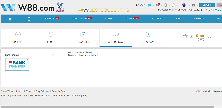 Withdraw W88 money to personal bank